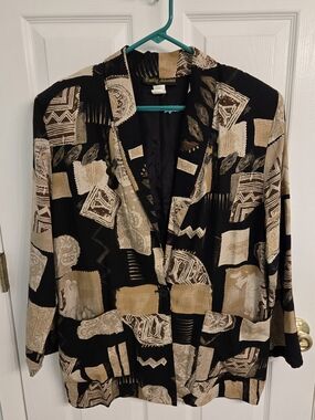80s Emily Adams Abstract Tile Print Blazer M Rayon Flax Art To Wear USA